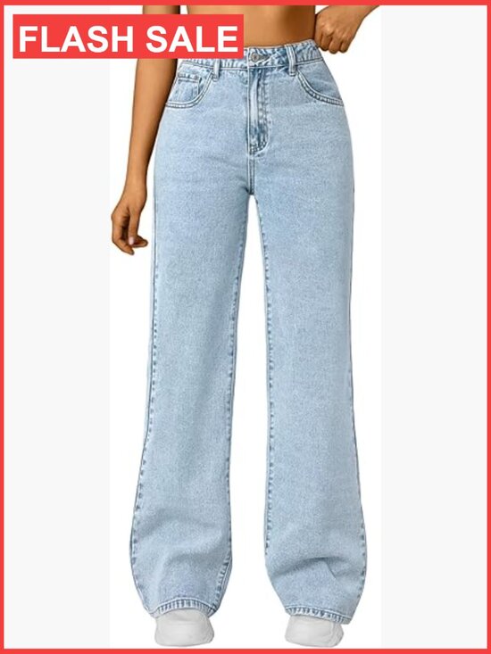 Denim - High Waisted Straight Wide Leg Jeans Comfort Stretch Baggy Denim
